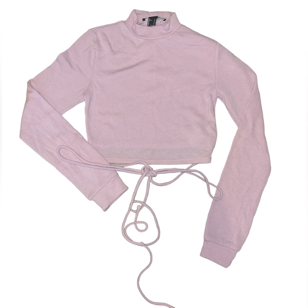 Pink Cropped Mock Neck Tie Waist Sweater Top